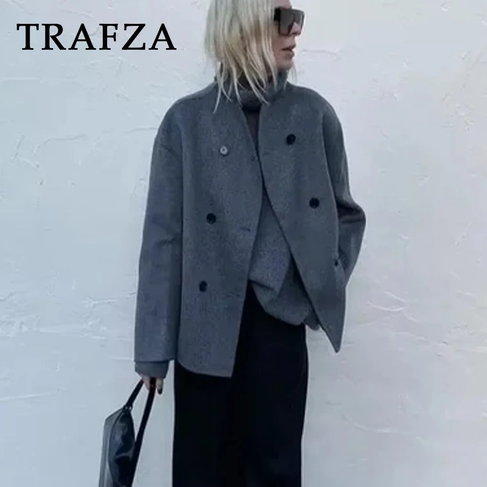 TRAFZA 2024 Autumn Winter Women Casual Solid Woolen Coat Fashion Office Lady Loose Double Breasted Turtleneck Demi-season Jacket