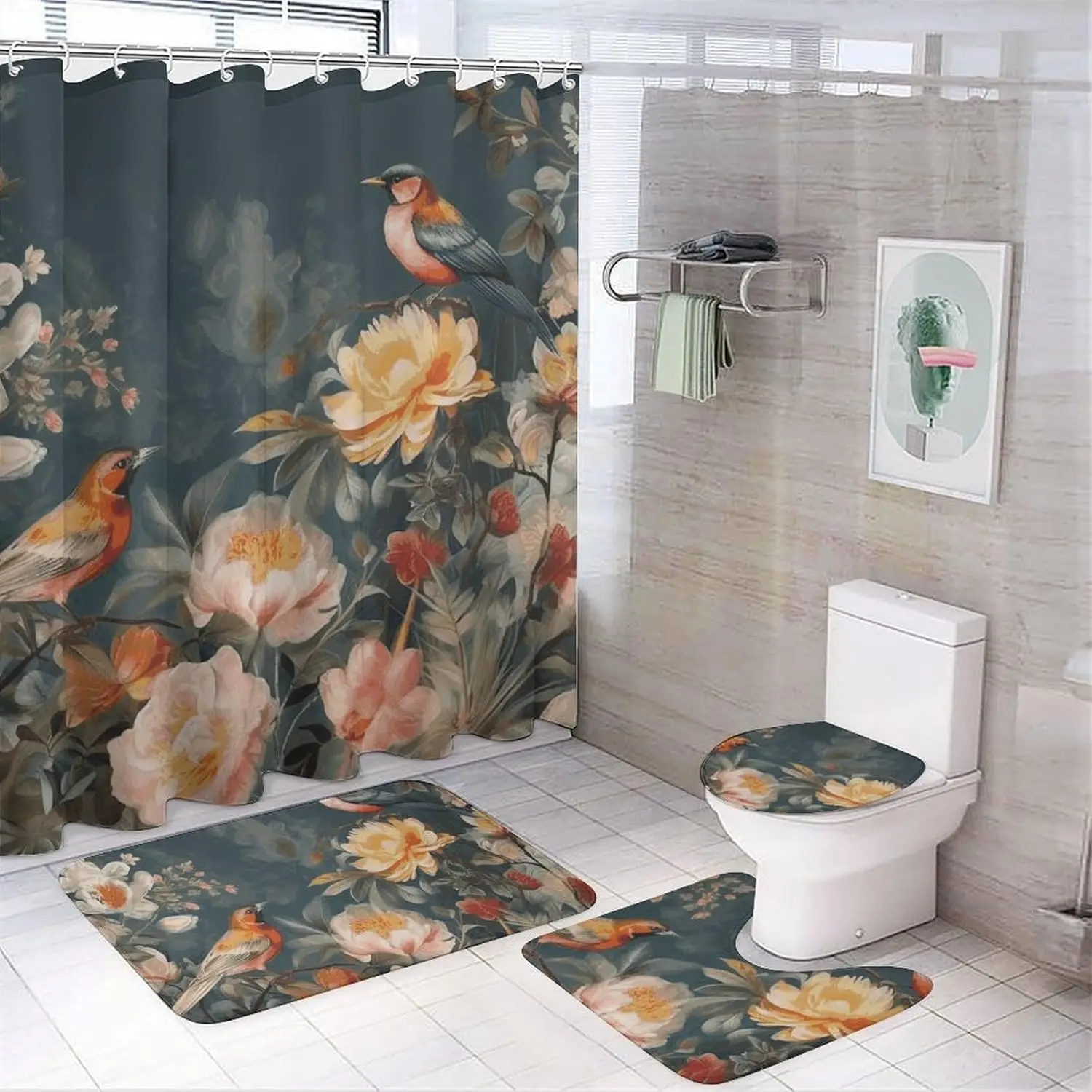 

Набор штор для душа «Цветы Птицы» из 4 предметов с нескользящими ковриками, крышкой унитаза и ковриком для ванной Мягкий ковер для ванной Водонепроницаемая ванна