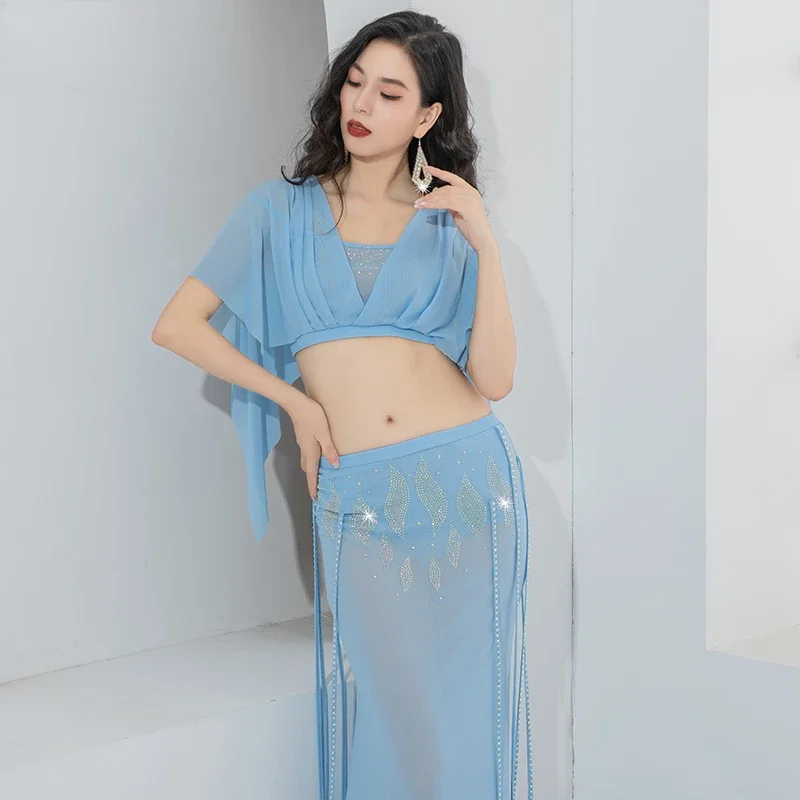 BellyDance Training Suit V-neck Half Sleeve Top+Sexy Split Long Skirt 2pcs Women's Oriental Dance Professional Practice Clothes