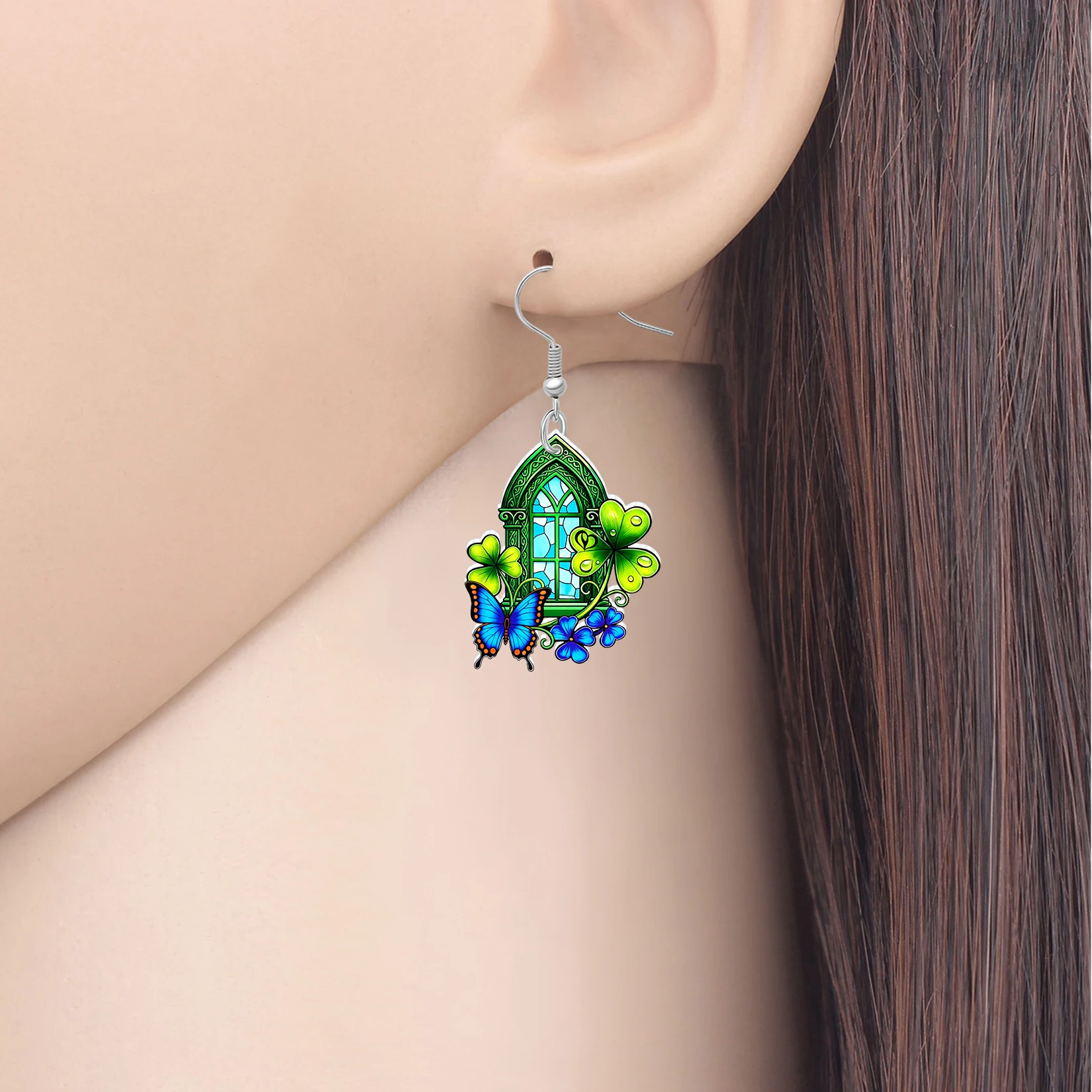 BONSNY Acrylic St Patricks Day Window Earrings Green Clover Butterfly Irish Spring Holiday Jewelry Good Luck Gifts For Women