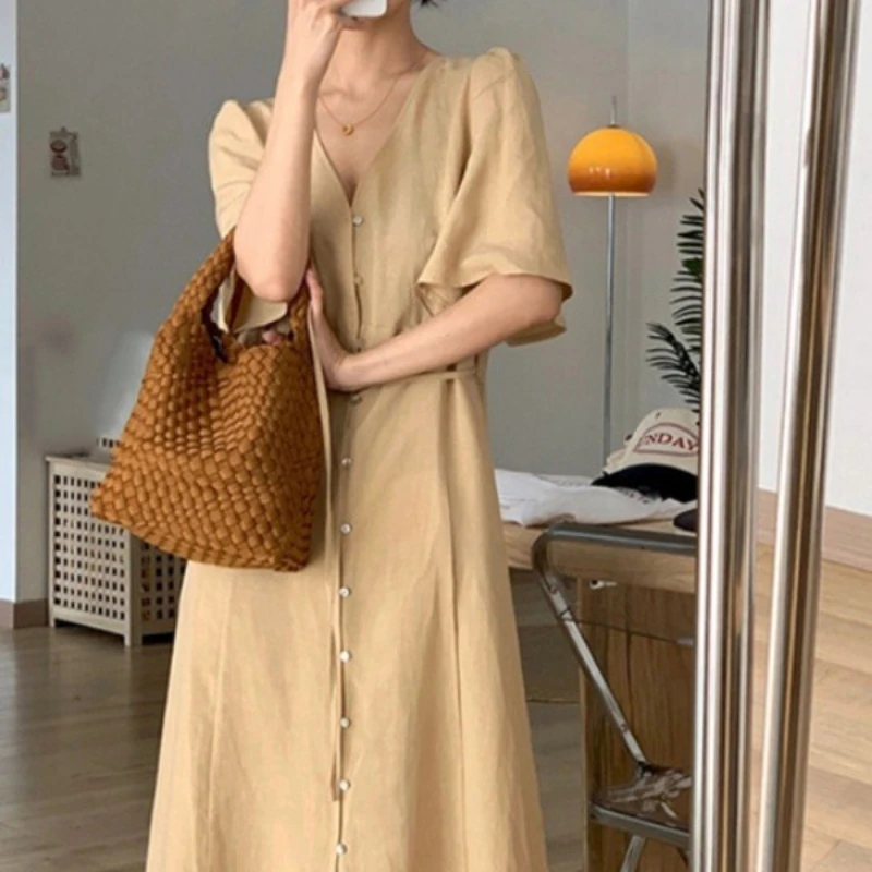 

French V-neck Dress 2025 Summer Loose Retro Temperament Women's Long Skirt