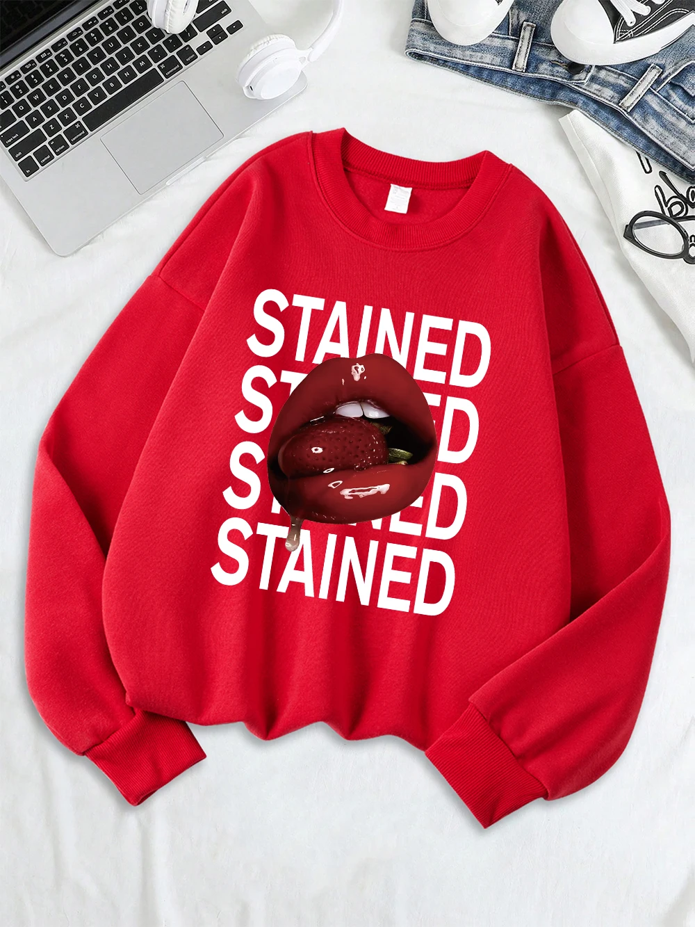 الشفاه الملونة الطباعة بلوزات النساء الخريف الشتاء الصوف الدافئة هوديس Crewneck فضفاض البلوز أساسيات ملابس نسائية رياضية