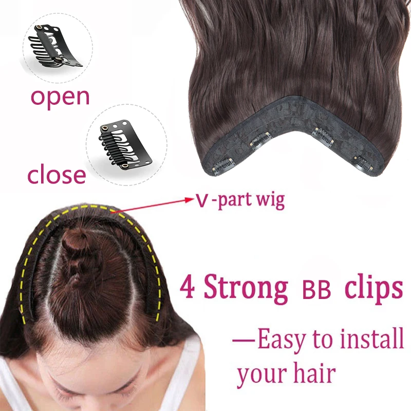 Extensión de cabello sintético largo y rizado de 24 pulgadas, pieza única con forma de V, invisible, negro y marrón 5
