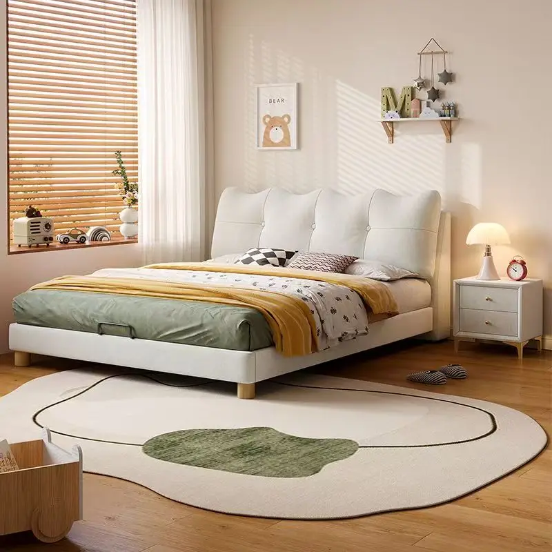 

！@French Cream Style King Bed High Quality Upholstered Fabric Bed Set for Kids or Adults