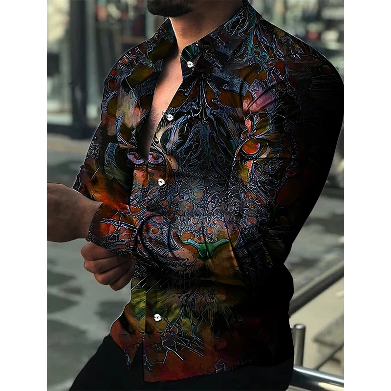 Camisa de manga larga con estampado de tigre para hombre, camisa informal de gran tamaño con botones, blusa cómoda a la moda