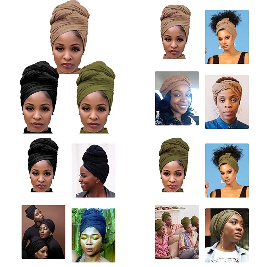 

Head Wraps for Black Women Stretch Head Scarf Long African Hair Wraps Turban Headwraps Jersey Headbands，3pcs-black,camel,army Green