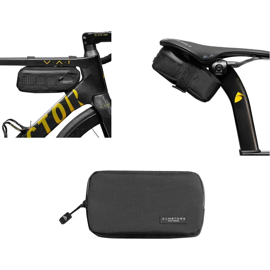 

Комплект компактной сумки на раме, черный, идеально подходит для езды на велосипеде по дороге и горным велосипеде. Приключения из трех регулируемых ремешков.