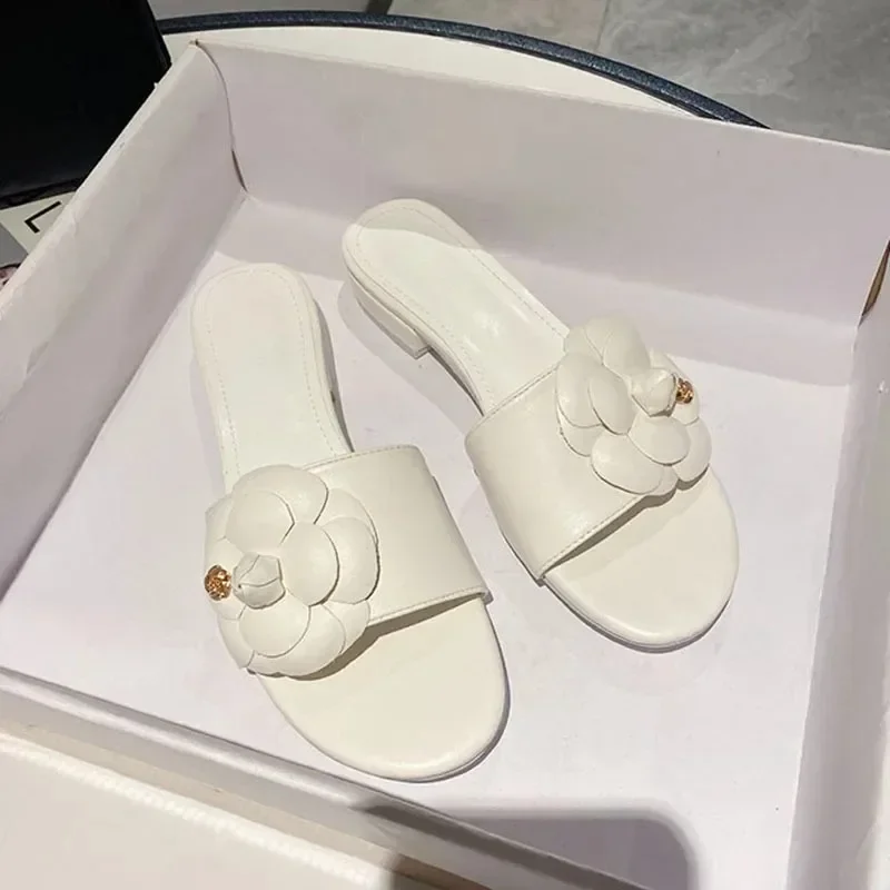 Women's Camellia Design Slippers, Low Heel Summer Sandals, Metal Flower Slippers, 2024