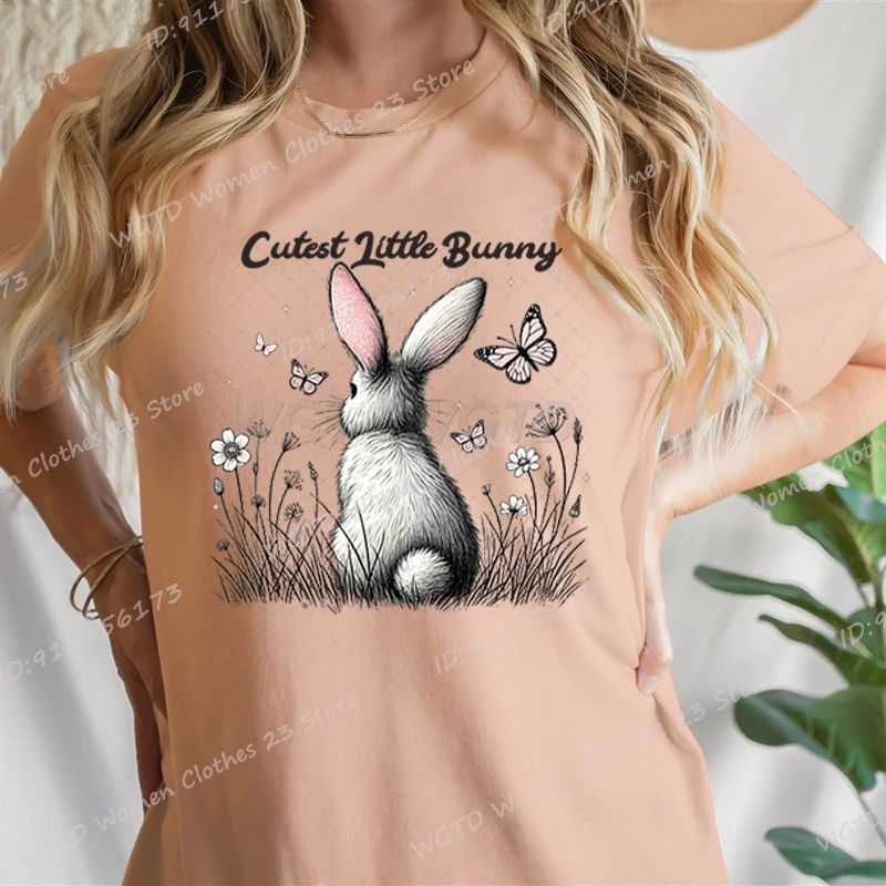 Easter Day Cutest Little Bunny Print T-shirts For Women Summer Short Sleeve Round Neck Loose T-Shirts Creative Personalized Tops