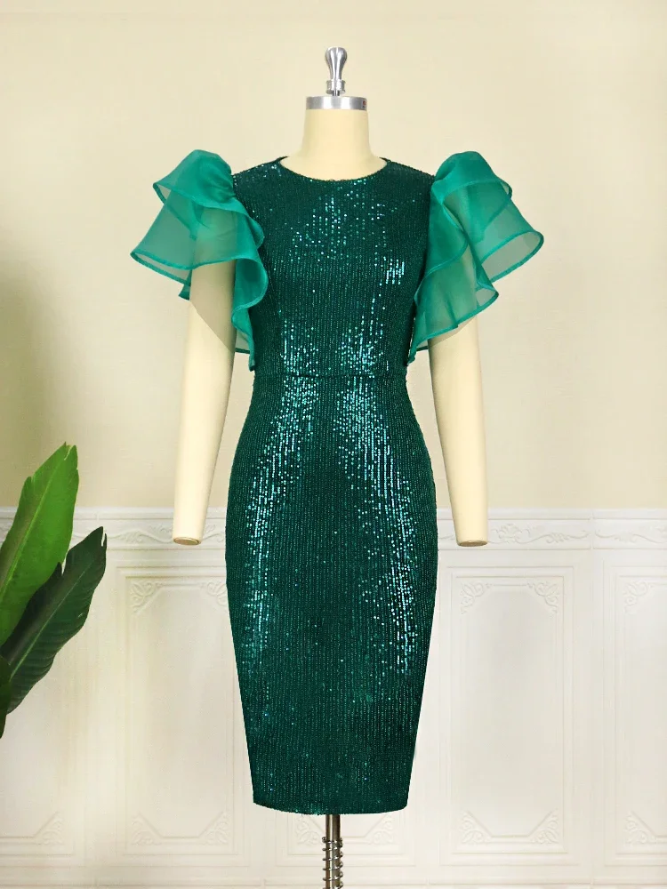 Vintage Women Green Sequin Dress Plus Size Flutter Sleeve Glitter Midi Bodycon Dresses Summer Party Celebrity Gowns 3XL 4XL