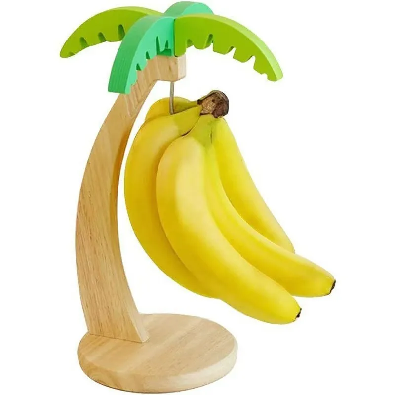 ABSS-Multifunctional Wooden Banana Hanger Fruit Storage Rack With Artificial Leaves For Kitchen 2Pc