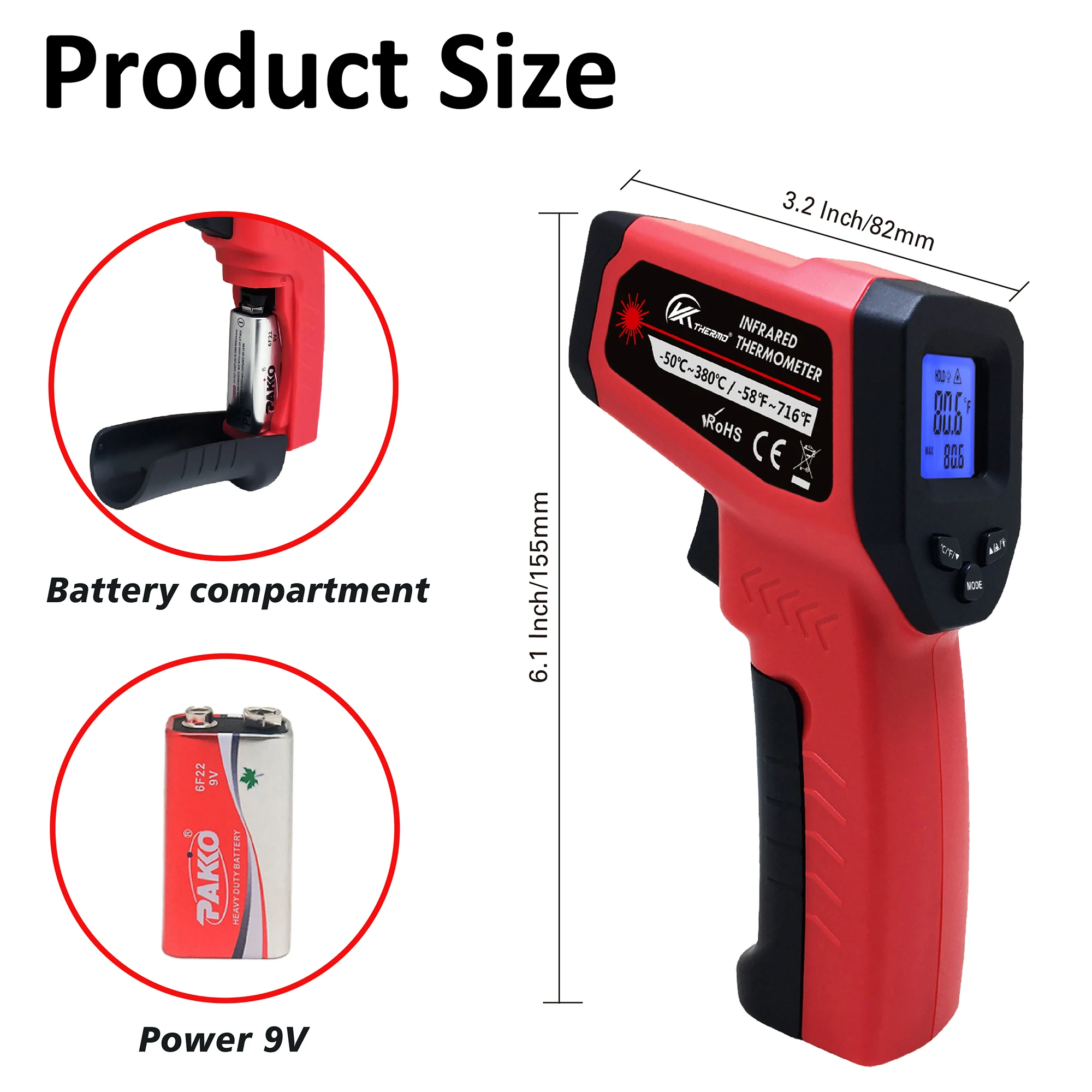 LCD Industrial Electronic Thermometer NonContact -50~600°C Digital Laser Temperature Meter Gun Laser Point Infrared Thermometer