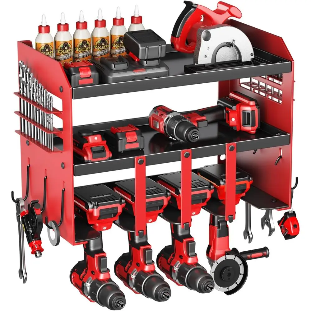 

Power Tool Organizer Wall Mount - 120Lbs Load 3 Layers Storage Rack 4 Drill Holders or Drills Cord Heavy Duty Iron Garage Tool O