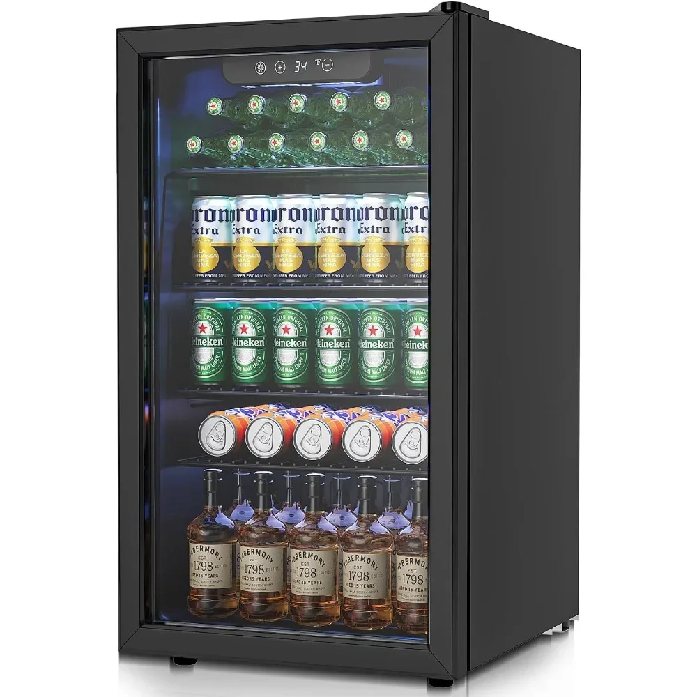 Wine Fridge with Glass Door, 126 Can Mini Fridge and 4 Adjustable Shelves, Freestanding Wine Cooler