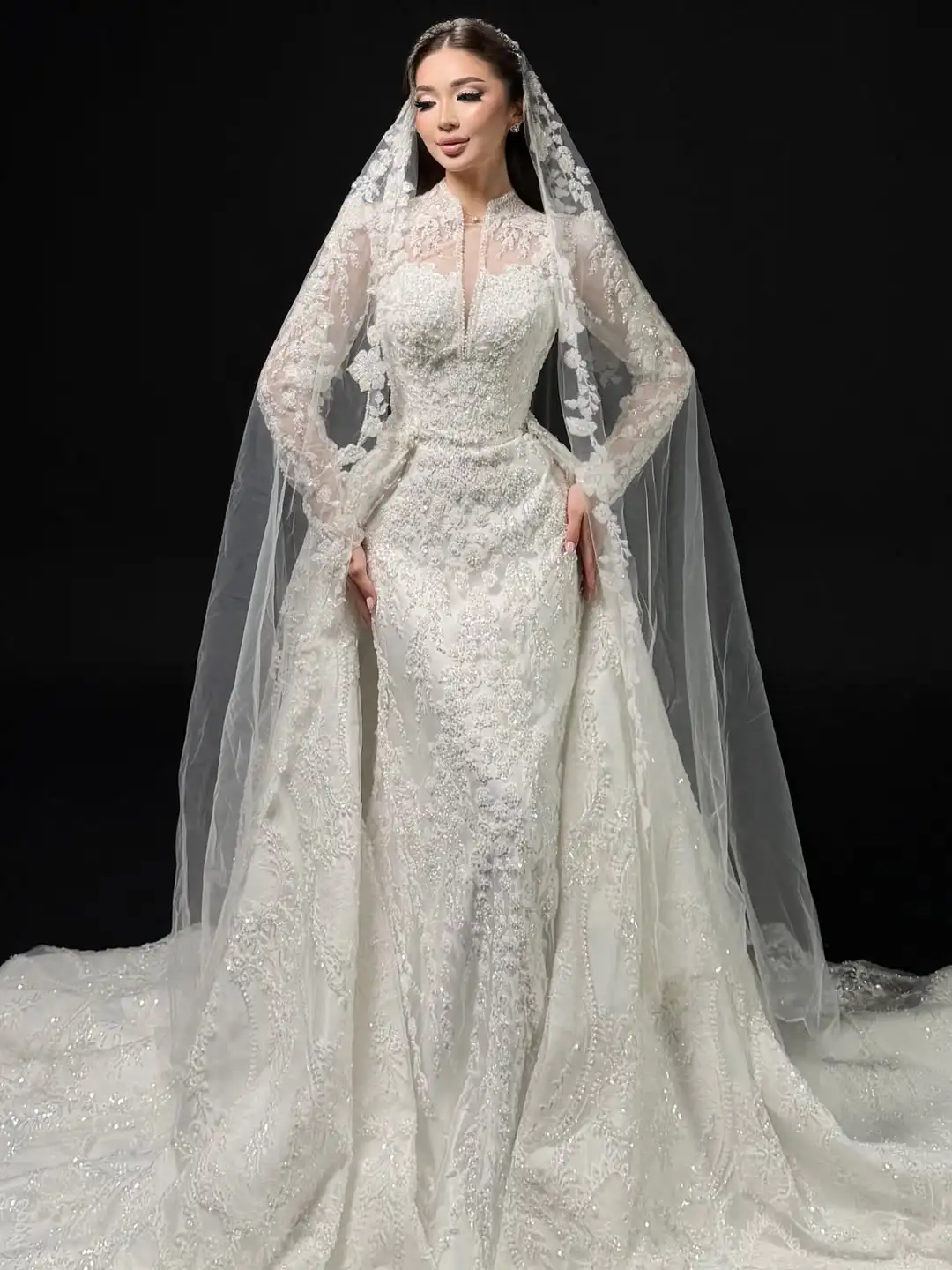 Customized Muslim 2-in-1 Detachable Train Mermaid Wedding Dress Luxury Long Sleeve Lace Beaded Bridal Gown Amanda Novias Officia