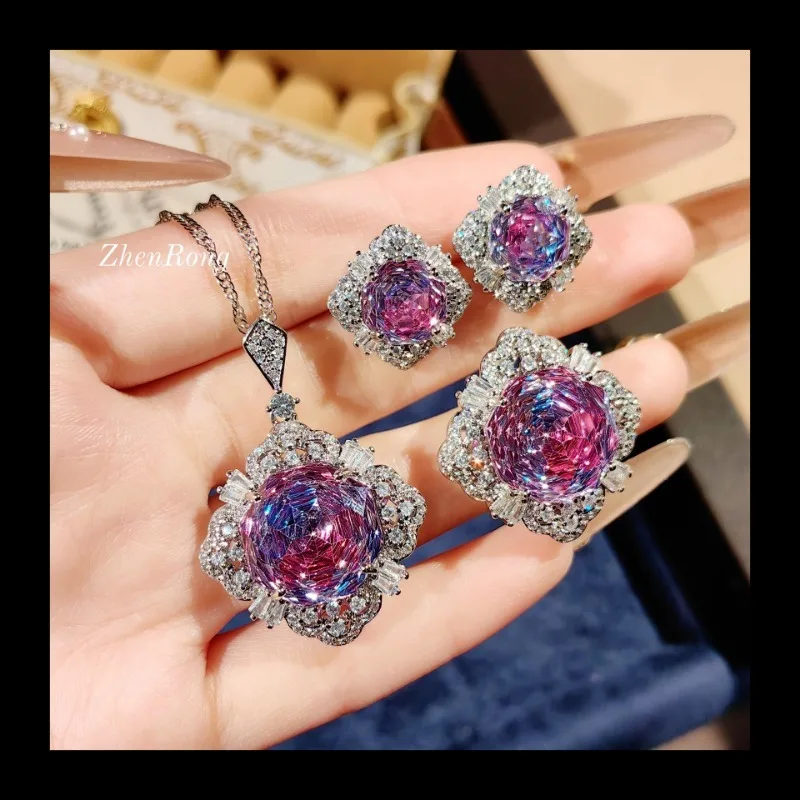 مثمنة الألفية روز قطع الجليدية الأزرق قلادة روز الأحمر قلادة عالية الكربون الماس الملونة التورمالين أقراط اللون تريا