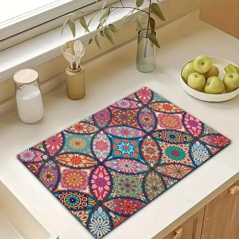 Retro Patterned Kitchen Countertop Mat Restaurant Drain Absorbent Pad Anti Mold Quick Drying Pad Non Slip Placemat Home Decor