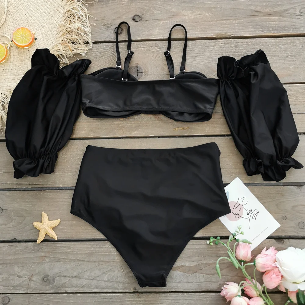 Classic Cheap Half Sleeves Slipt Swimwear For Women High Waist Bikini Set Swimsuit Bathing Suit Holiday Beachwear Female Clothes