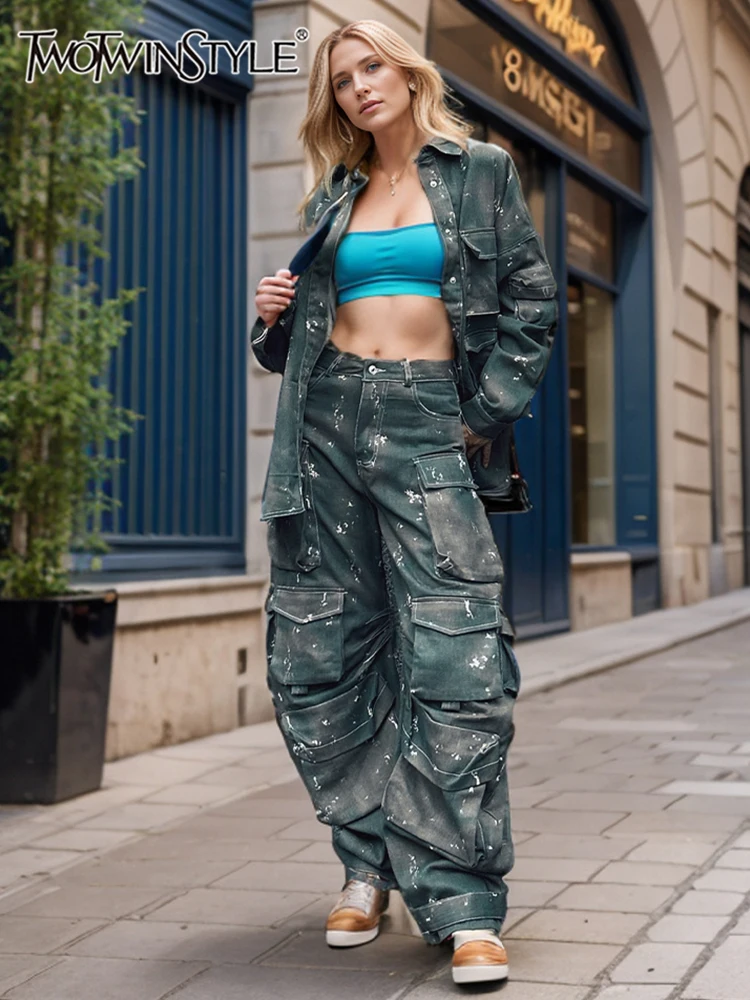 

TWOTWINSTYLE Camouflage Two Piece Set For Women Lapel Long Sleeve Spliced Button Coat High Waist Cargo Pants Chic Sets Female