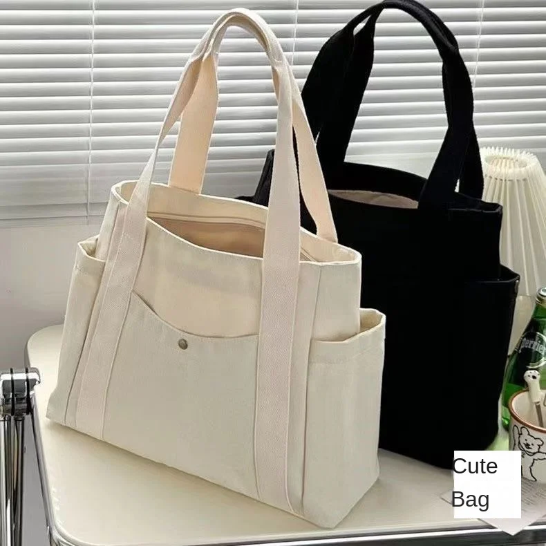Geräumige Canvas-Tragetasche mit Schriftzug, Vielseitige Handtasche für Pendler, Arbeit, Studenten, Untertagetasche für Damen, Einkaufstasche – Detail 4