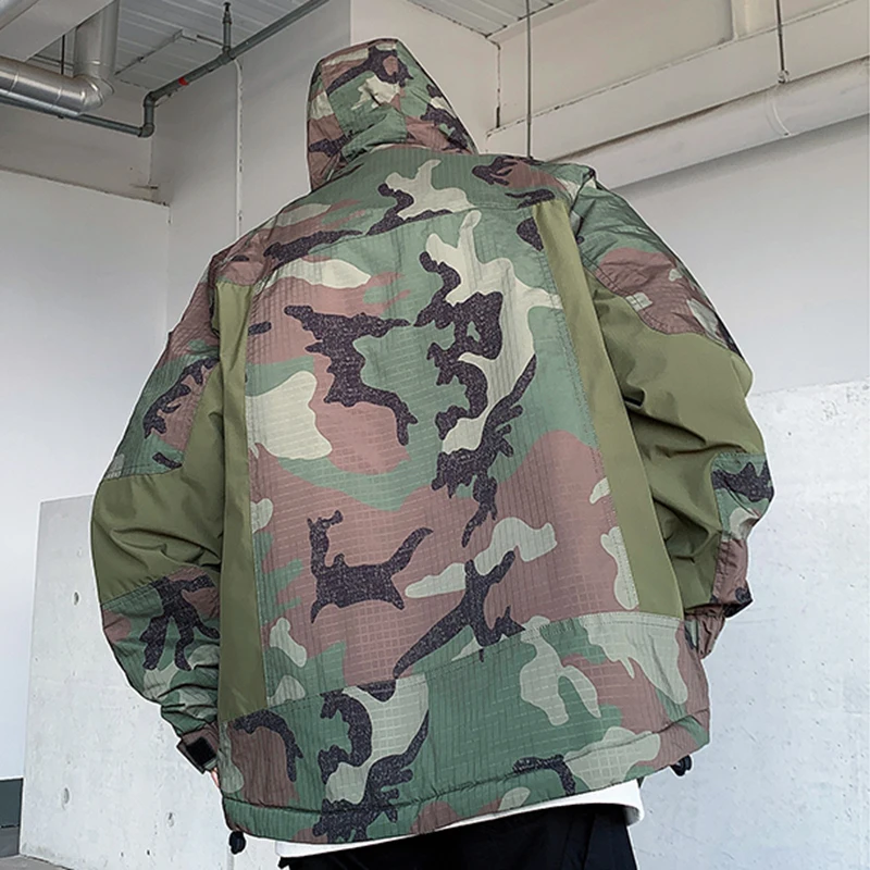 FEWQ Winter Workwear Camouflage Hooded Men Cotton Jacket Loose Top American 2024 Contrast Color Male Tops Fashion 24E2834