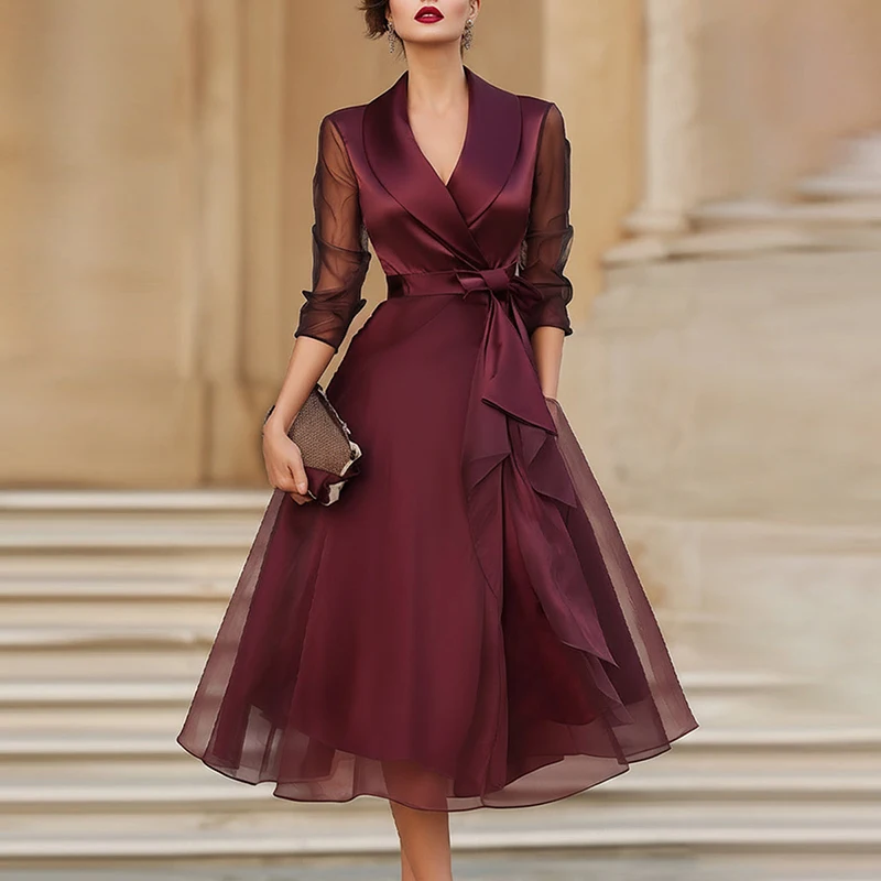 Fashion Lapel Sheer Sleeve A-Line Dress Elegant Bow Tie-up Waist Solid Color Long Dress Sexy Mesh Splicing Woman's Party Dresses