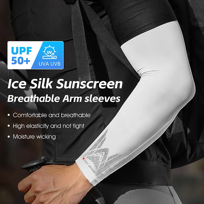 WEST BIKING Summer UV Protection Arm Sleeves Mesh Breathable Cycling Running Reflective Non-Slip Sleeves Cooling Sport Gear