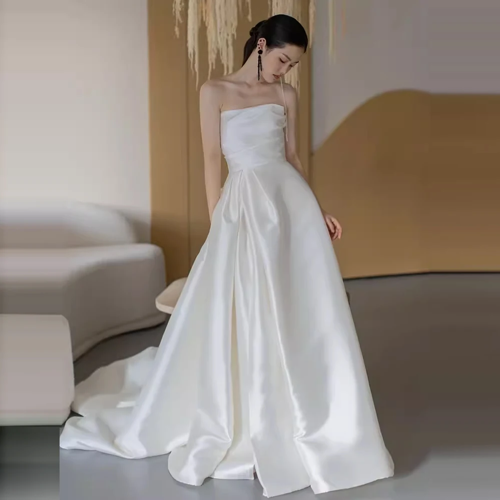 

Elegant Soft Satin strapless Sleeveless mermaid Vintage Sweep Train flower Wedding Gown Wedding Dress Bride Side Slit plus size