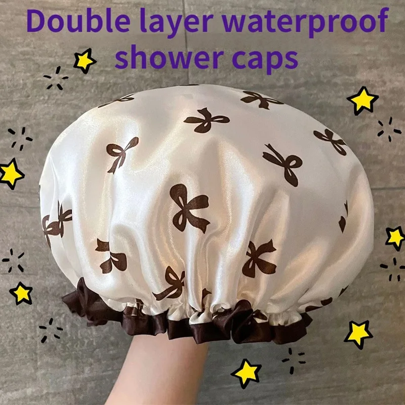 

Double Layer Waterproof Shower Cap for Women Reusable Bathing Cap Anti-Slip Hair Protector for Shower Kitchen Home Use