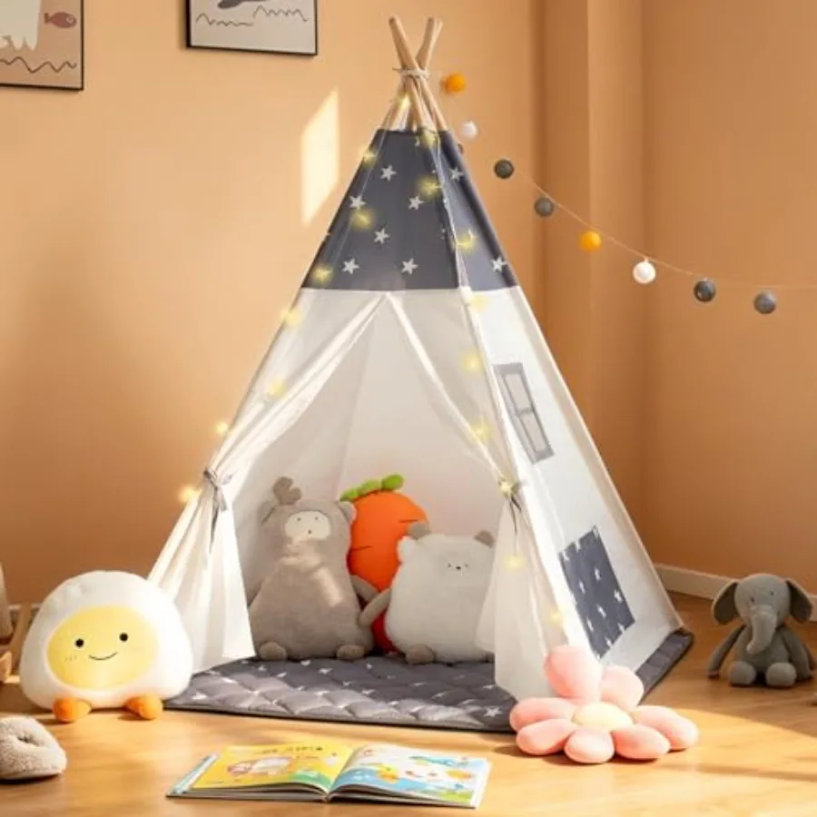' indoor-outdoor teepee tent for play, 100 cotton with star-patterned mat and colored flag, portable with carry bag, beige and