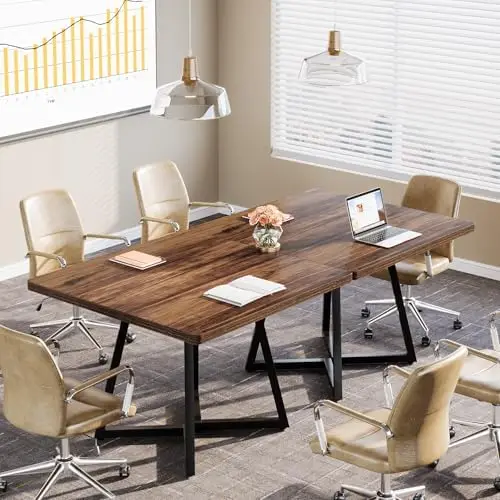 31.5" Square Conference Table, Industrial Office Meeting Table for 4 People, Business Podcast Furniture with Metal Base view 3