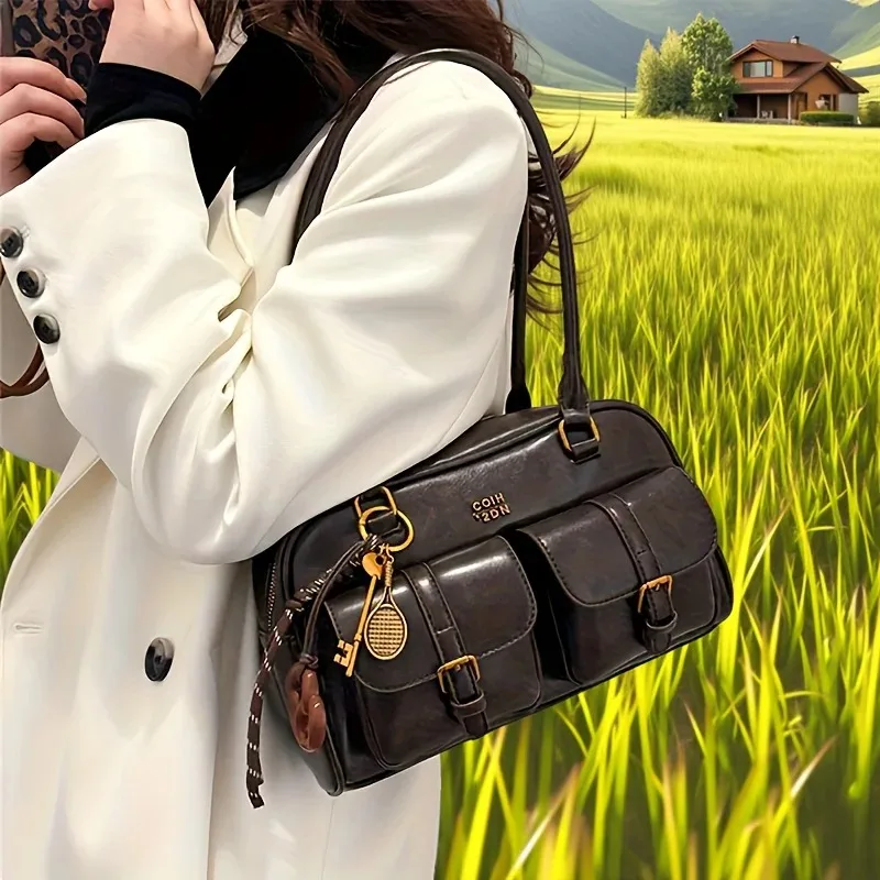 حقيبة كتف نسائية متعددة الجيوب مع أجهزة وحروف ذهبية اللون، محفظة حقيبة يد أنيقة للسفر والعمل والتسوق والتواريخ