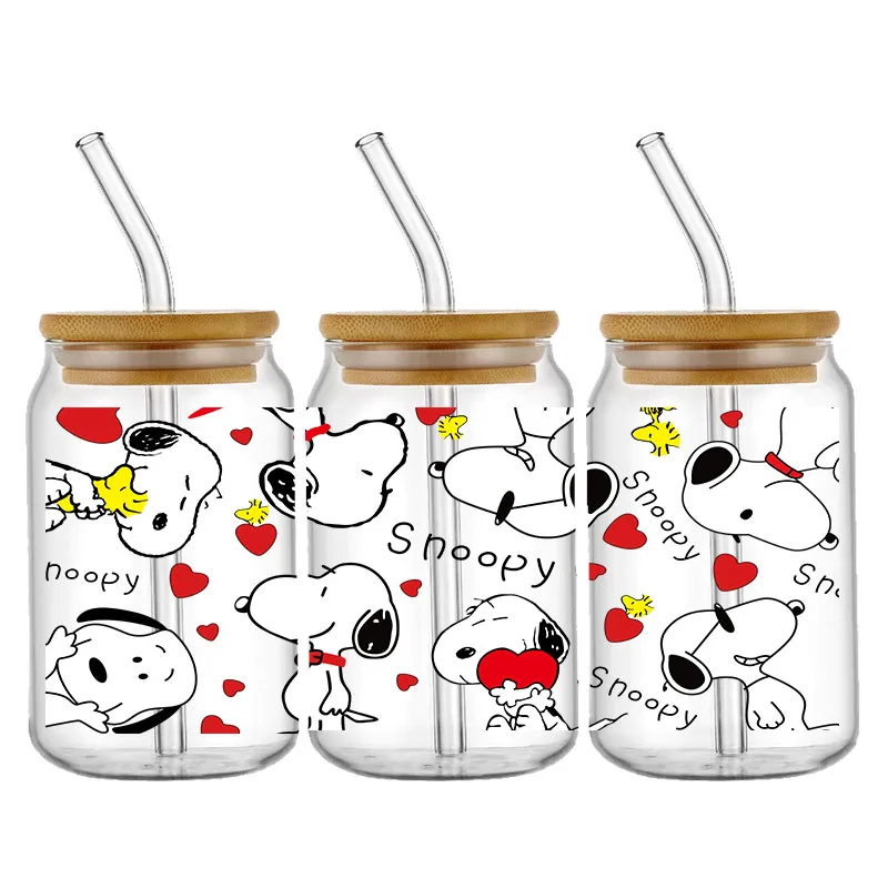 Kartun mode Snoopy 16OZ UV DTF cangkir membungkus stiker Transfer untuk Kaca Libbey dapat botol Selfadhesive dapat dicuci DIY sesuai pesanan