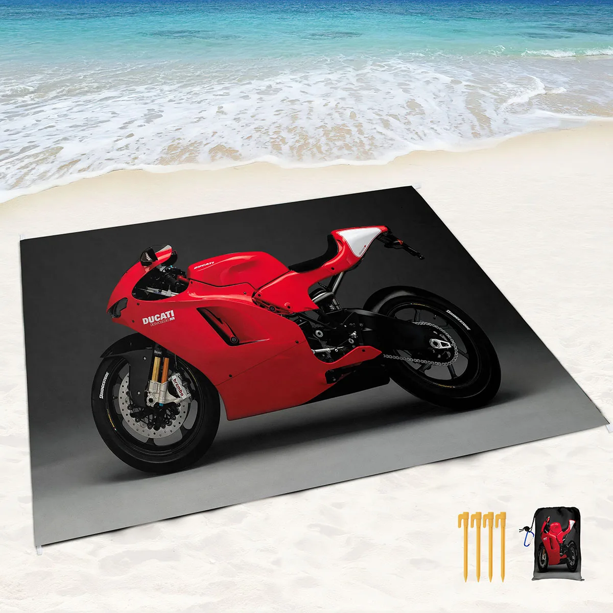 Beach Blanket Sand Proof Water Proof Cool Red Motorcycle Lightweight Blanket with Corner Pockets and Mesh Bag for Travel,Camping