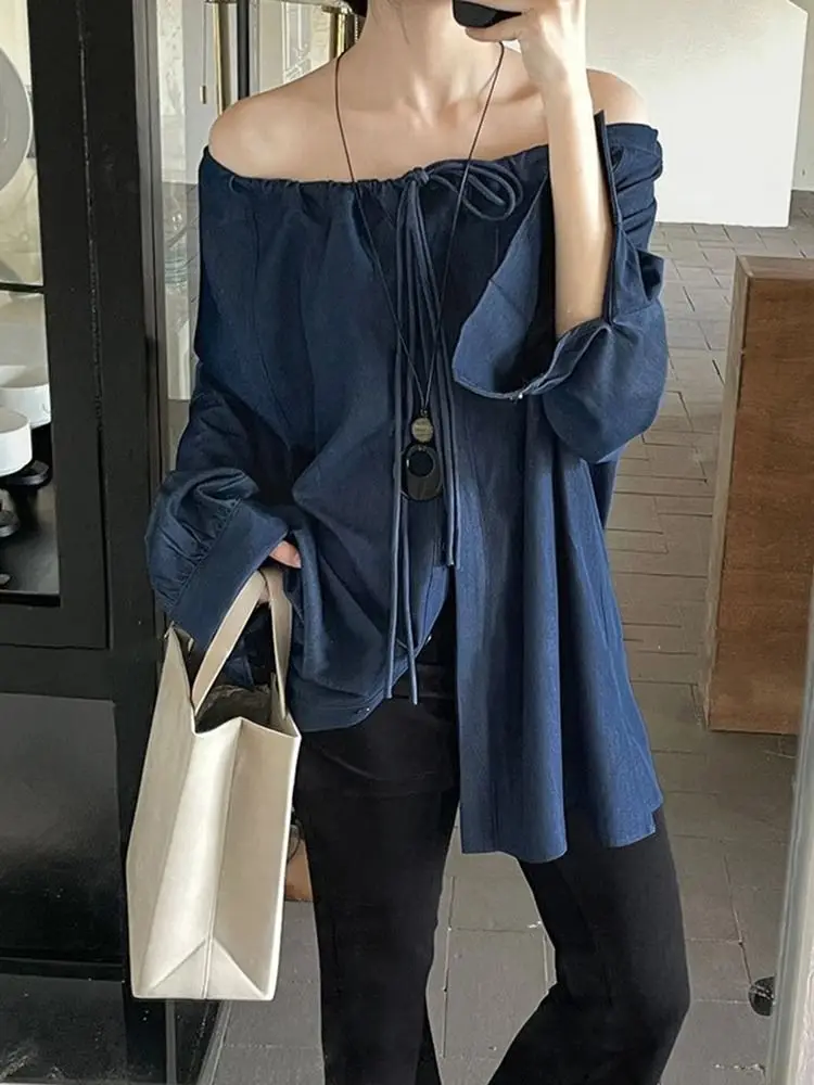 Korejepo Denim Blue Shirts Irregular Drawstring Random One Word Collar Off Shoulder Lazy Versatile Shirt Women Senior Tops