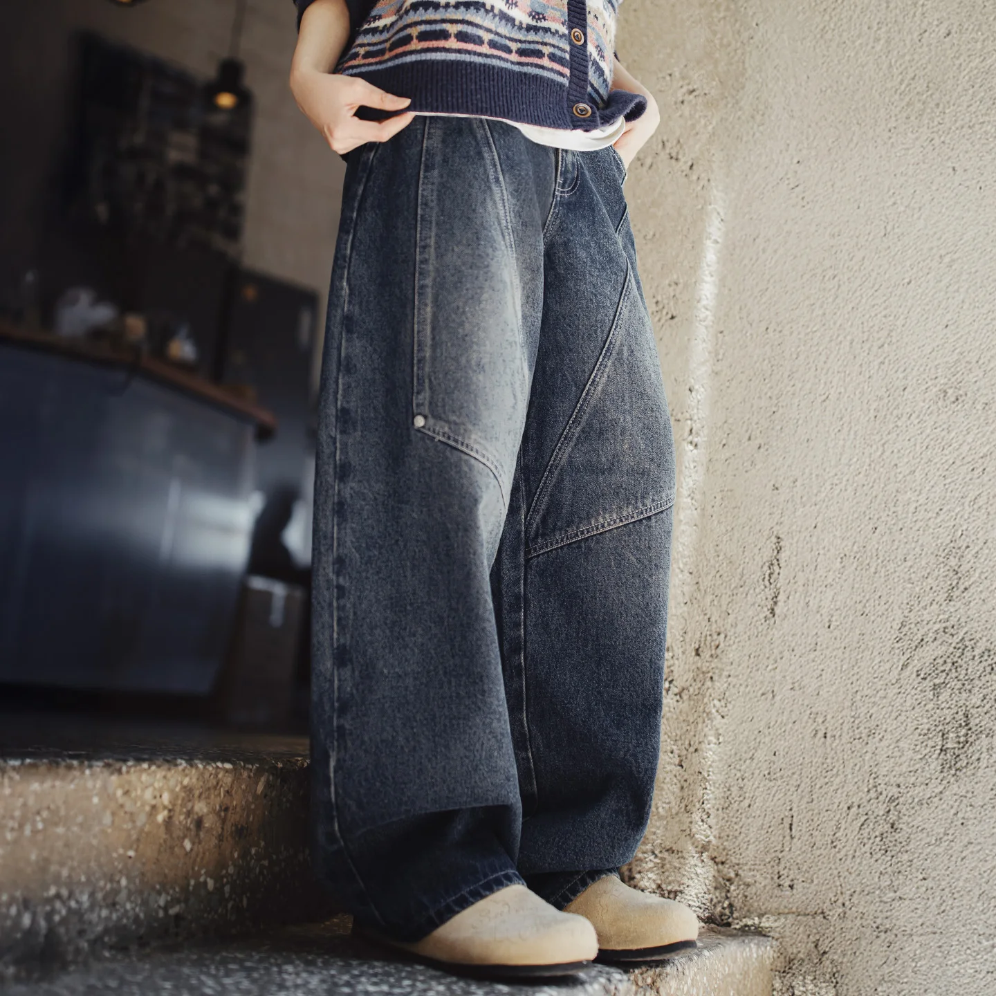 

Maden Women's Vintage Denim Cargo Pants 15oz Patchwork Wide Leg Jeans Loose Fit YKK Zipper Workwear Casual Trousers for Autumn