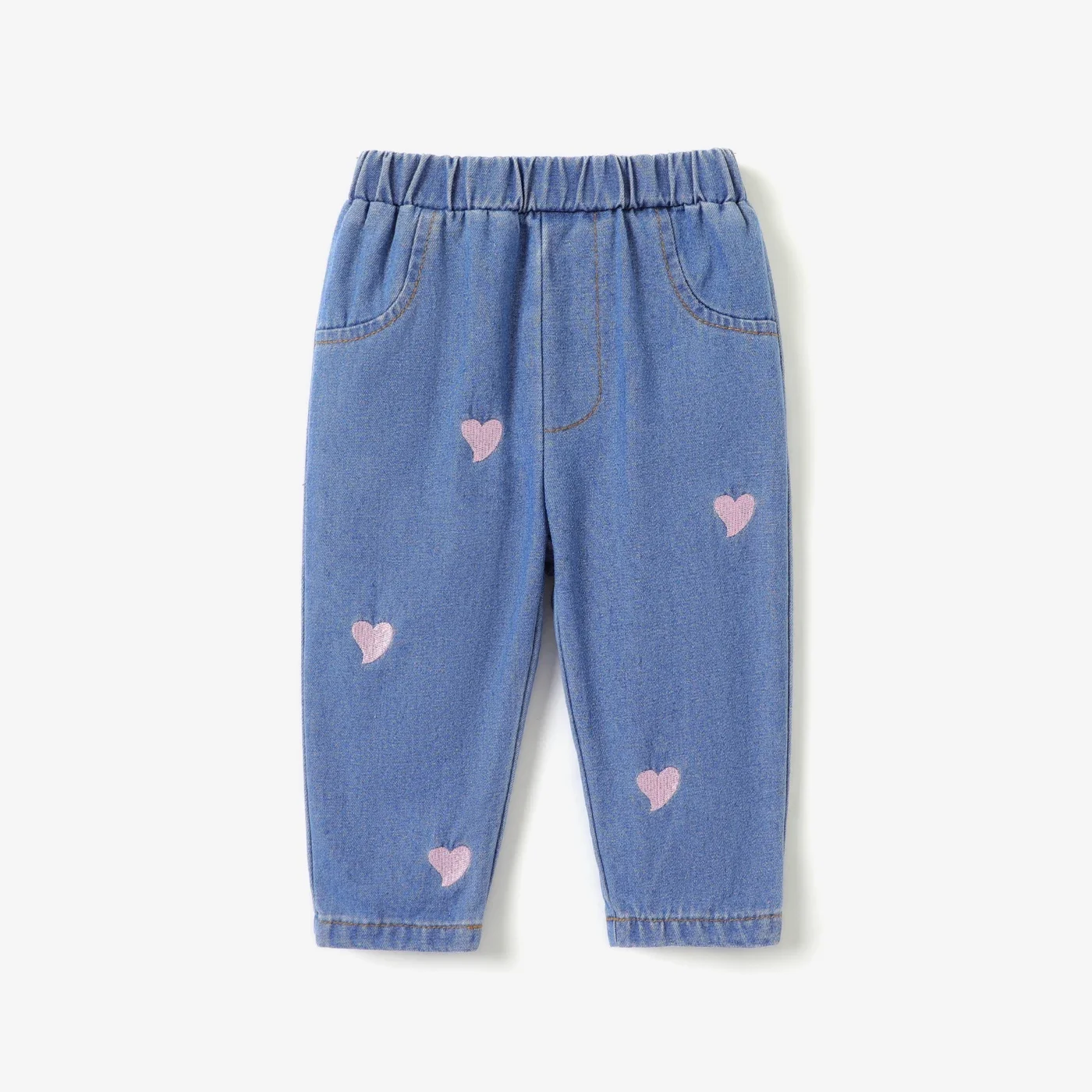 PatPat Baby Girl 100% Cotton Heart Embroidered Denim Pants Jeans Perfect for Outings and Daily Wear Basic Style