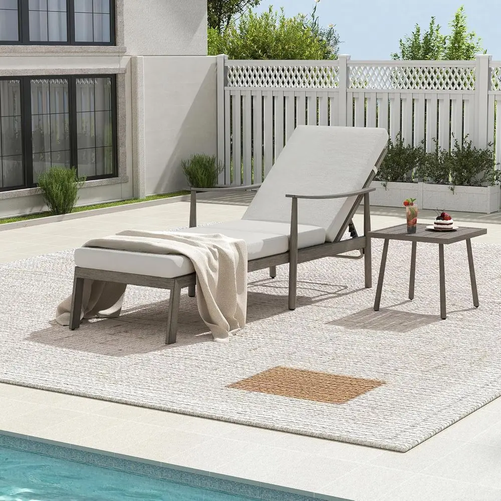 Adjustable Backrest Outdoor Lounge Chair with Cushion, Curved Armrest, and Side Table - Grey