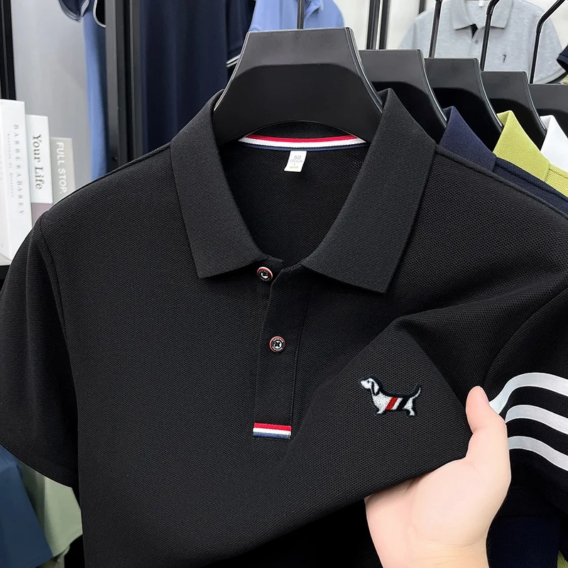Luxusmarke Herren Hochwertiges Kurzarm-Poloshirt mit Kragen, Welpen-Stickerei am Ärmel, Streifen am Bündchen, T-Shirt für Business und Freizeit, Herrenbekleidung – Detail 8