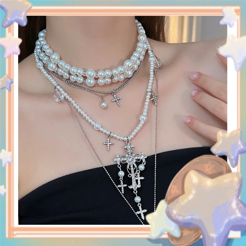 New Accessories Pearl Cross Necklaces Multi Layer Choker Set Charms Necklace For Women Fashion Necklace Punk Goth Jewelry Gift