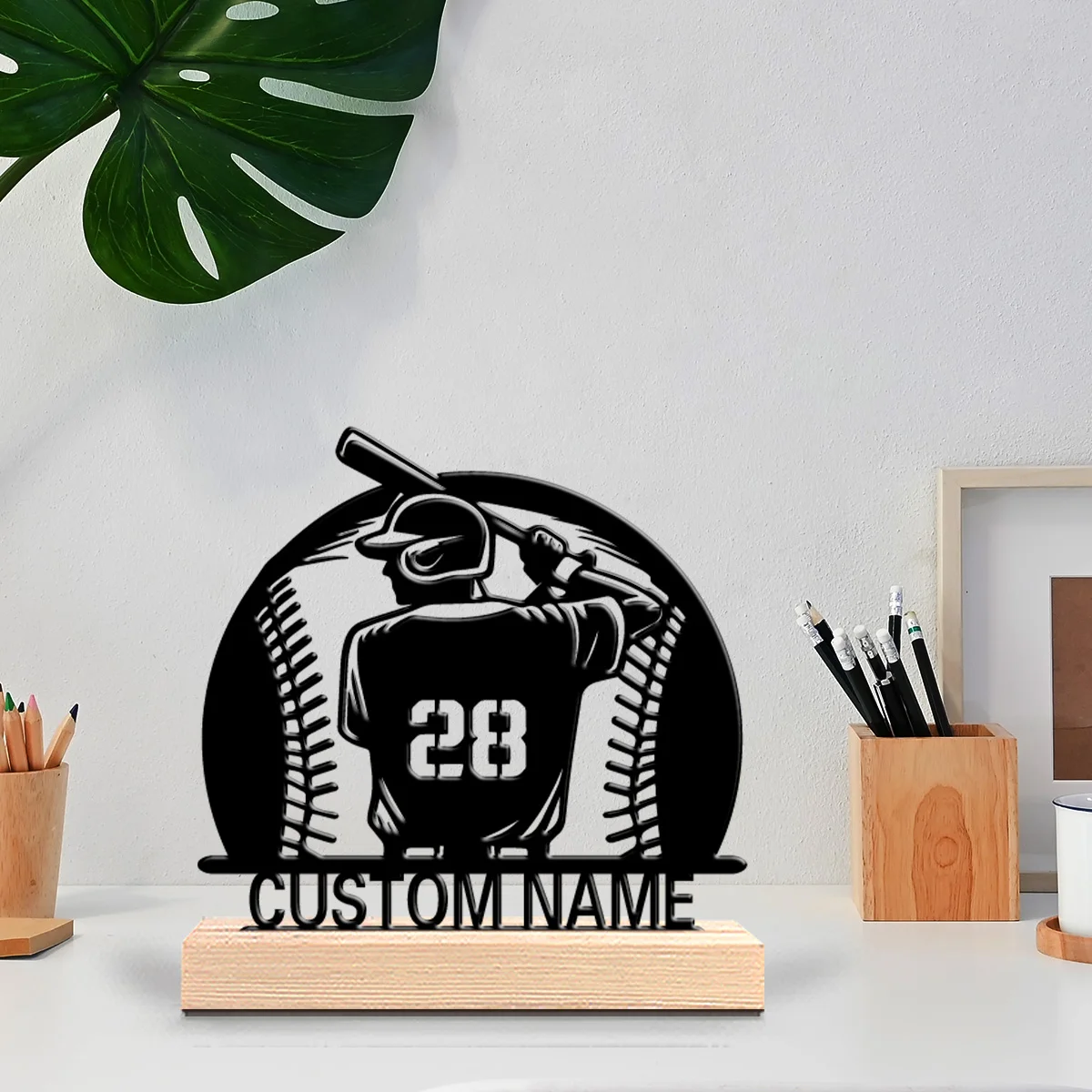 1pc Terror Personalized Custom baseball Metal Statues Botanical Wooden Base Desk Art for Nature Lovers, Office, Zen, Calm Spaces