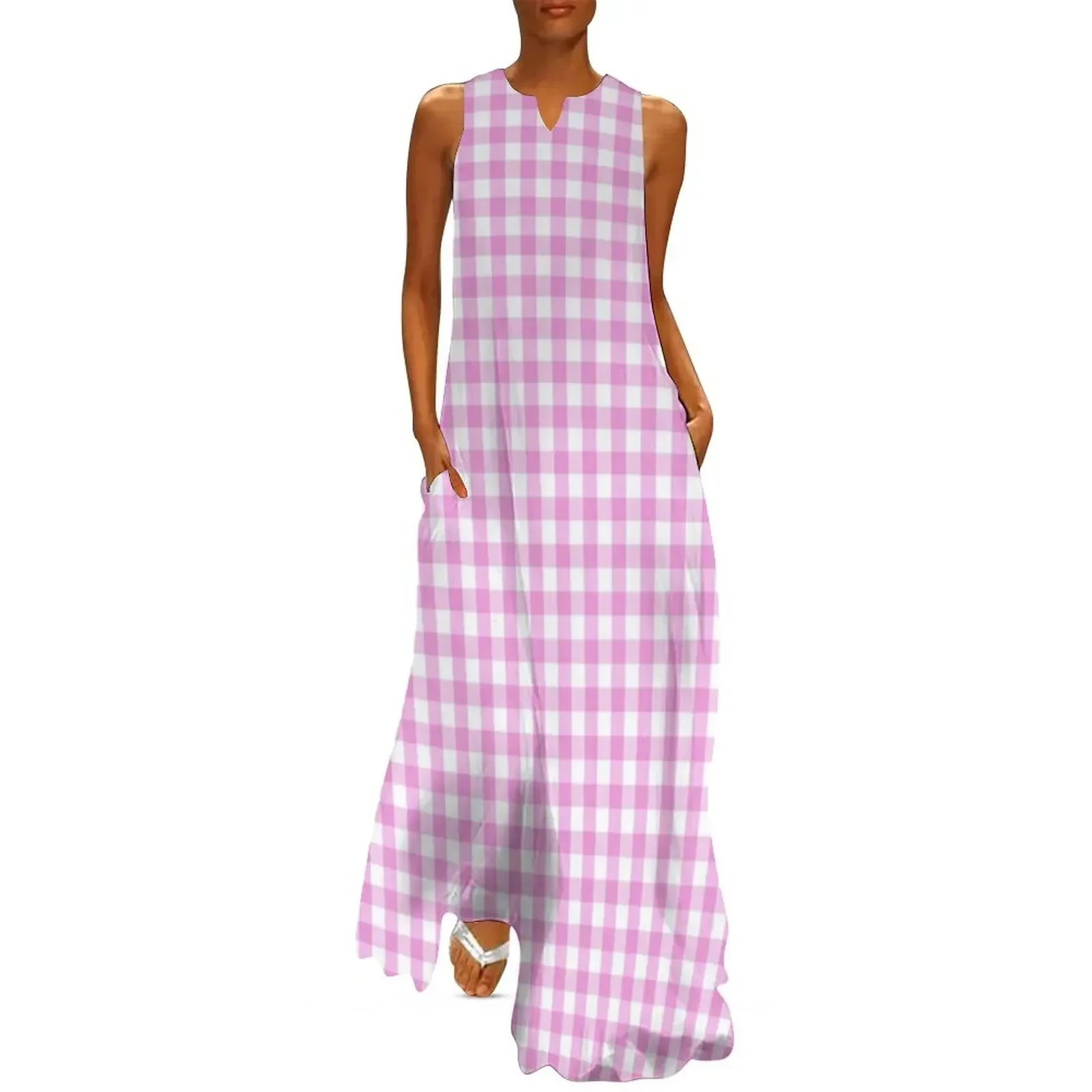 

Pink & White Gingham Pattern Long Dress Women's long dress dresses for prom Long veiled dresses Dress