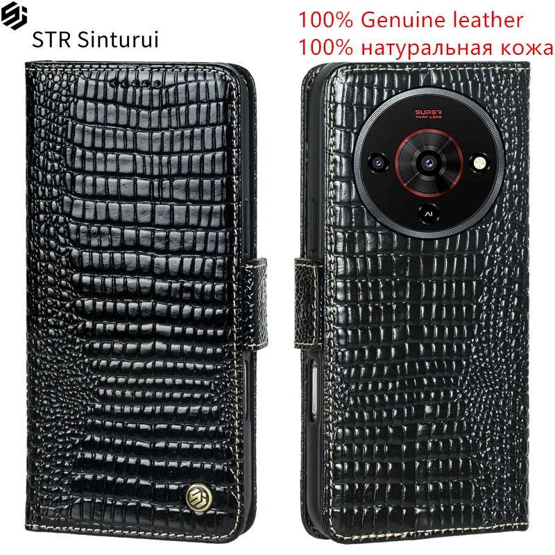 

STR Genuine leather lizard grain card Slot Wallet Cover For ZTE Blade A76 A75 A73 A34 A33s 5G A53 Pro Flip shockproof phone Case