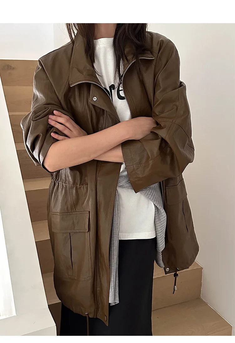 Autumn and winter women\'s casual solid color lapel long sleeved loose jacket