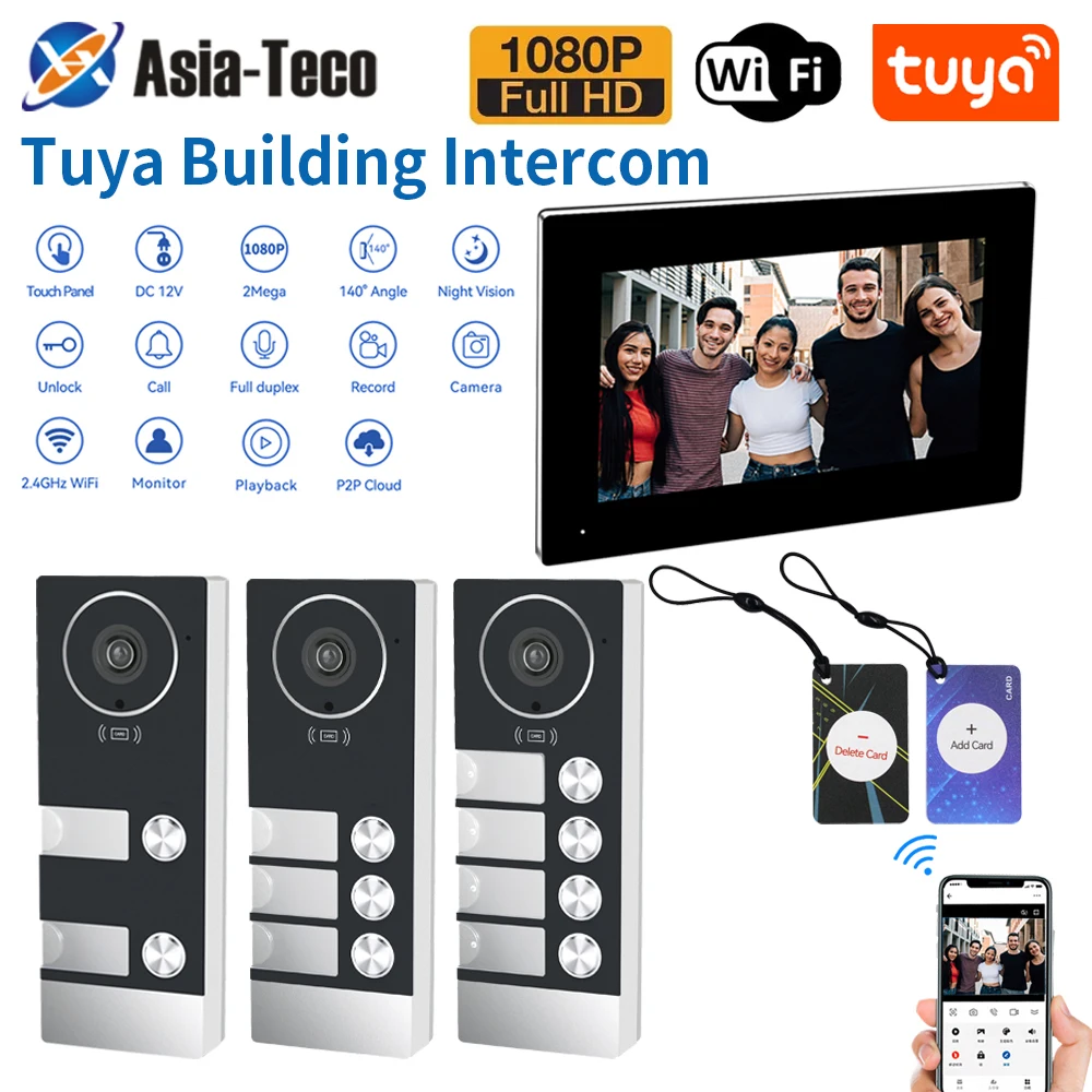 Tuya Wifi AHD Audio Video Building Intercom System Kits Door Phone App Handset 4-wire For Apartment Multi Button for Multifamily