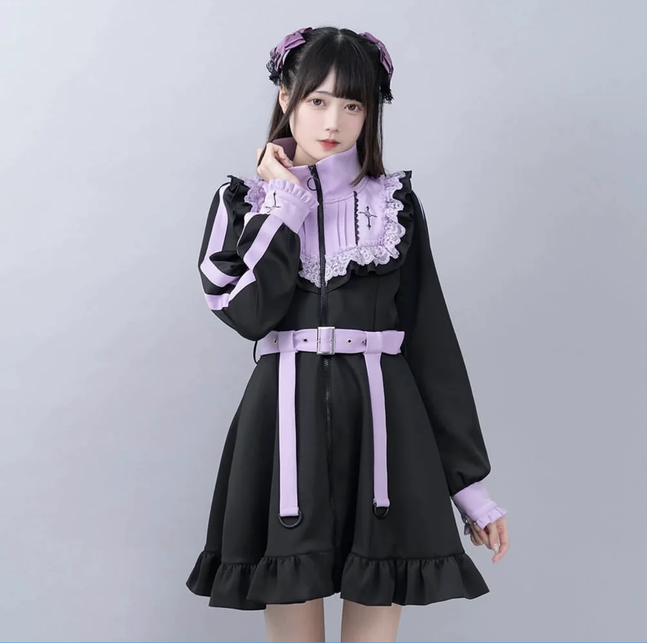 Japanese Mine Style Lace Splicing Ruffles Zipper Stand Collar Long Sleeve High Waist Belt Slim Sweet Lolita Short Dress Women