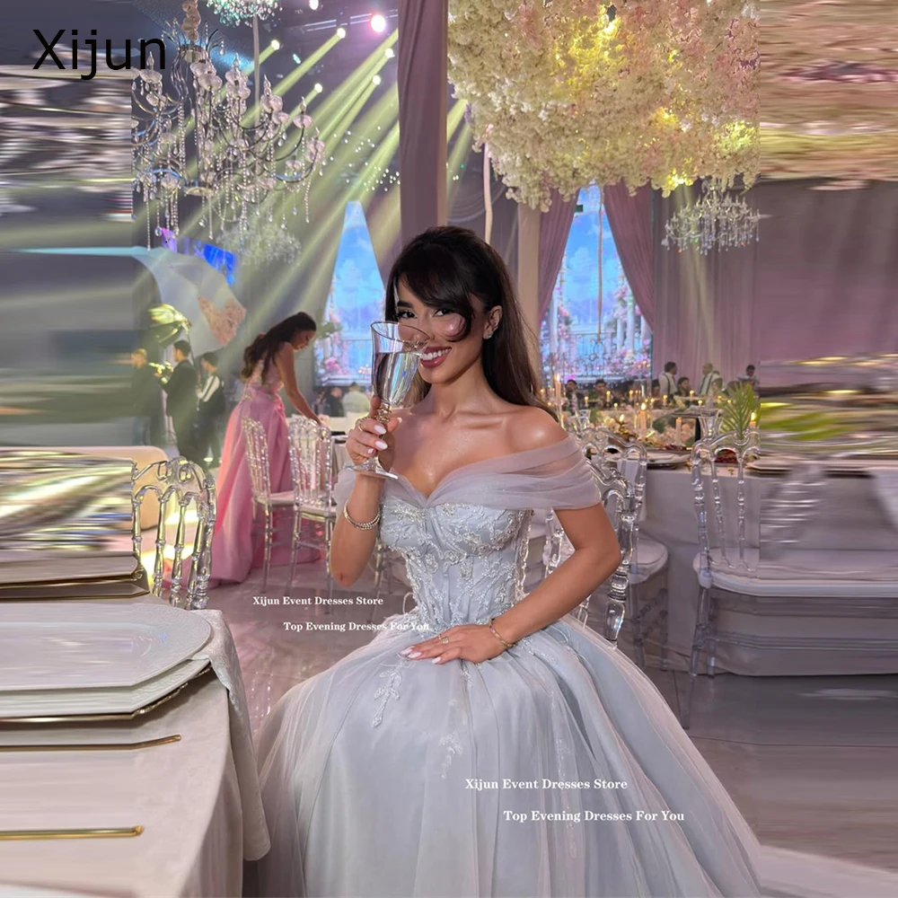 Xijun Blue Princess Long Evening Dresses Tulle Beads Appliqués Off The Shoulder Prom Dresses A-Line Corset Prom Gowns Customized