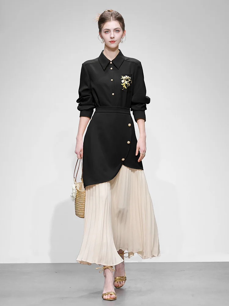 

Комплект из вышитой блузки и плиссированной юбки Ele, весна 2026, модный облегающий костюм для женщин, повседневная одежда, длинный рукав