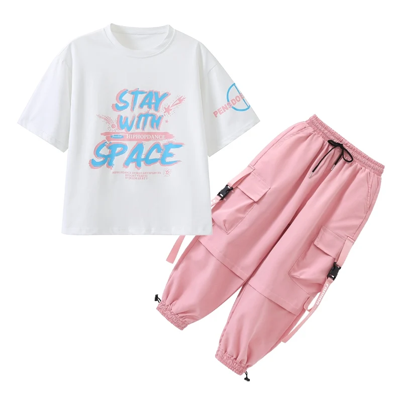 子供のヒップホップダンスウェア,男の子のTシャツ,ピンクのカーゴパンツ,女の子のジャズ練習服,10代のヒップホップパフォーマンス服,bl13663