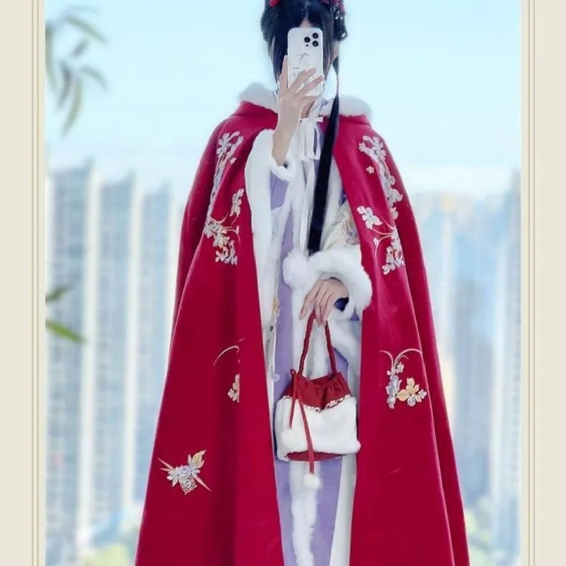 Womens Hooded Cloak Chinese Floral Embroidery Cape for Winter